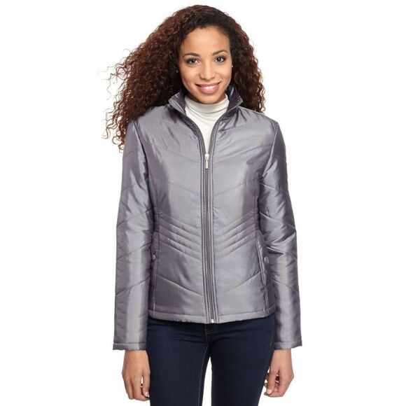 New! JANE ASHLEY Diamond Quilted Light Puffer Jacket Coat Pewter Metallic Small - Picture 1 of 3